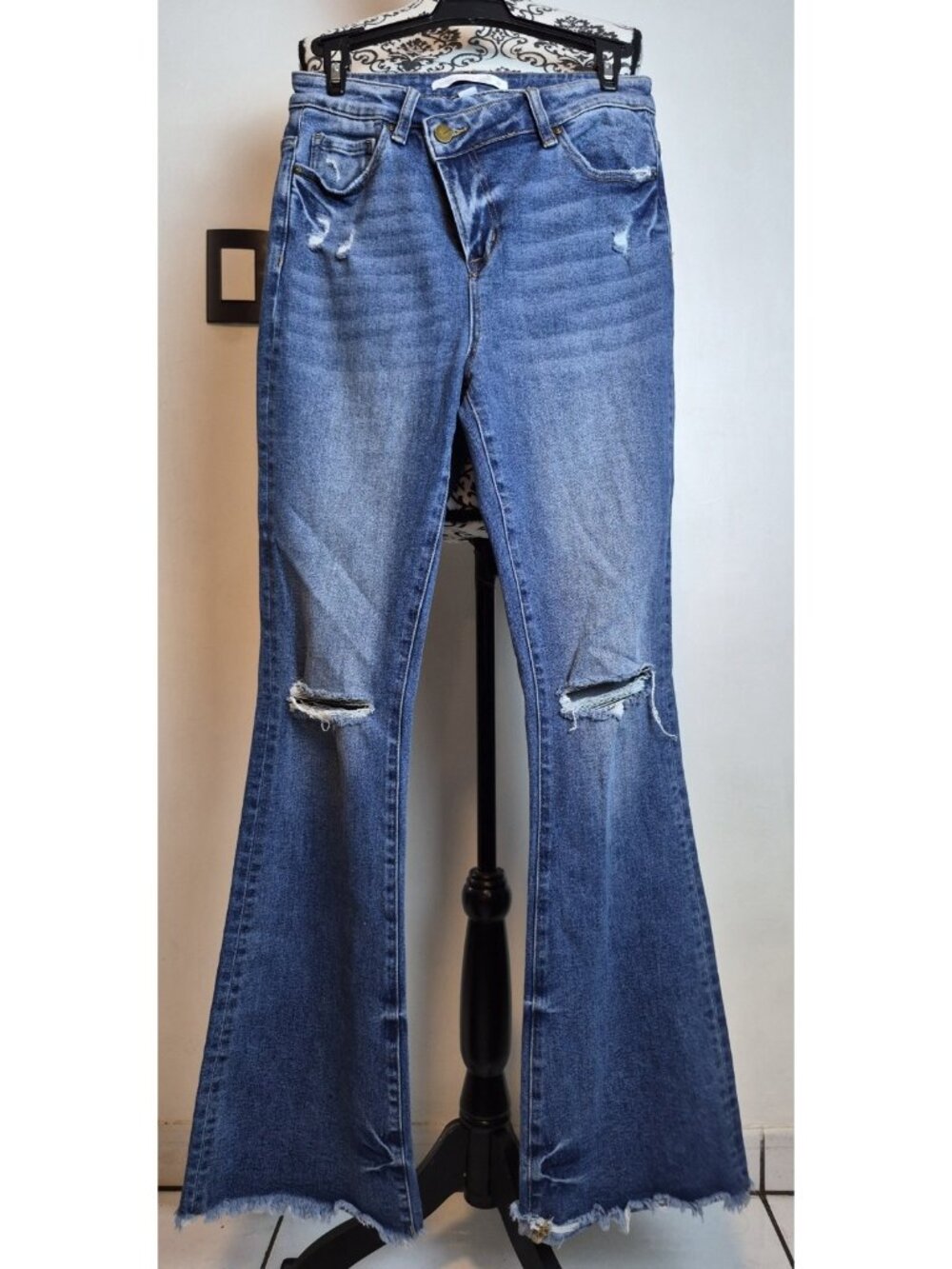 Altar'd State Women's Flare Jeans Size 27 Distressed Raw Hem Ripped Knees